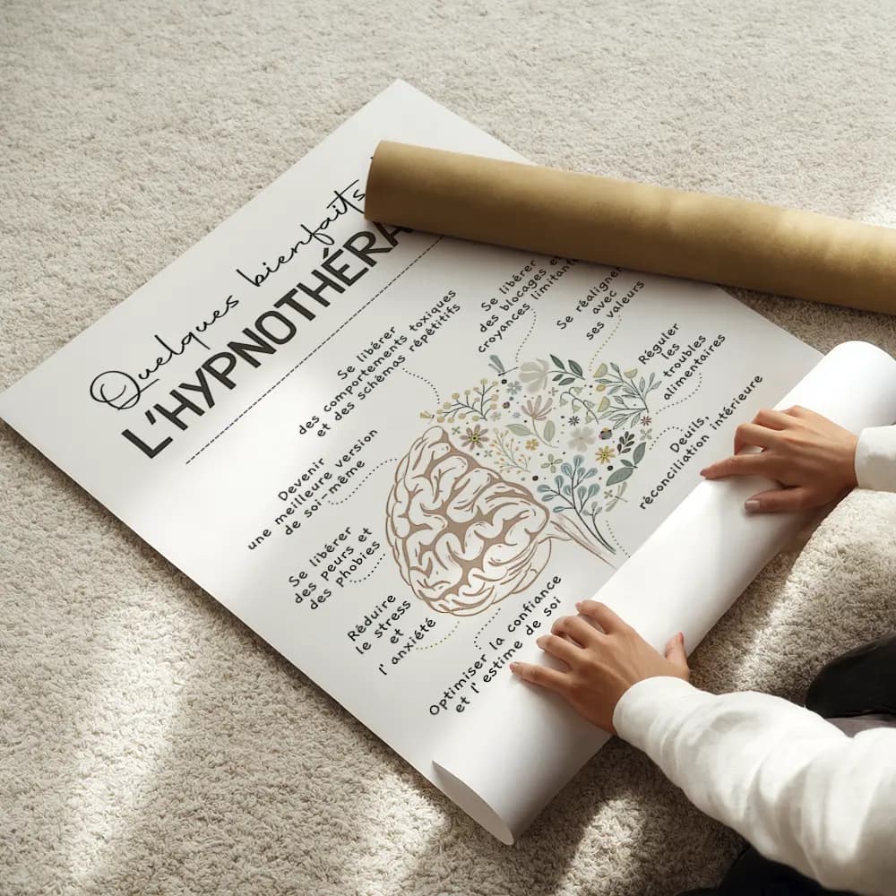 Dessin d'un cerveau dont la moitié est composé de fleurs avec une liste de bienfaits de l'hypnothérapie