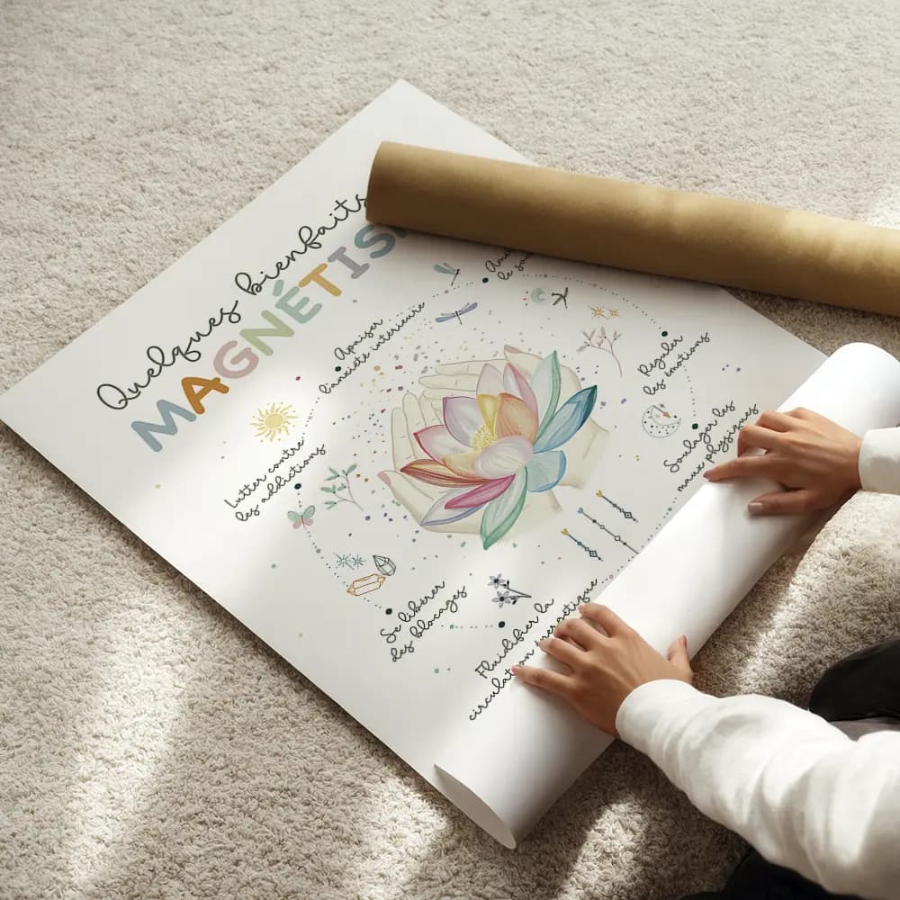 Dessin d'un lotus au centre entouré d'éléments graphique en lien avec le magnétisme