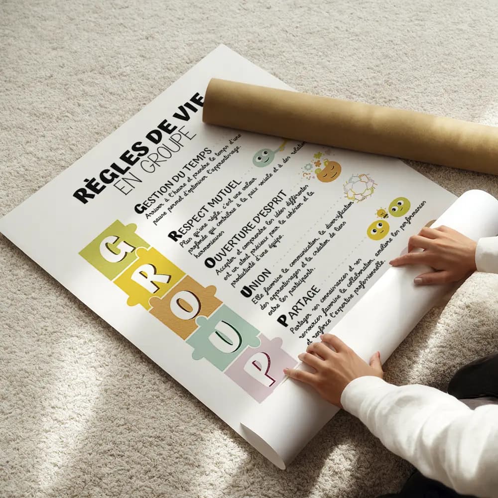 Infographie dont les lettres principales du mot "GROUPE" sont dessinées dans des pièces de puzzle et accompagnées d'un petit dessin ludique