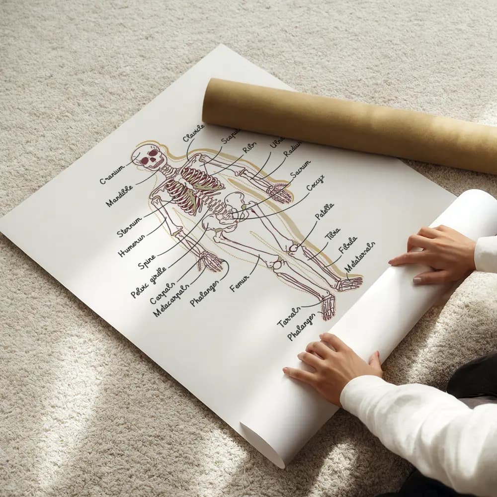 Dessin d'un squelette humain avec en légendes les noms des os