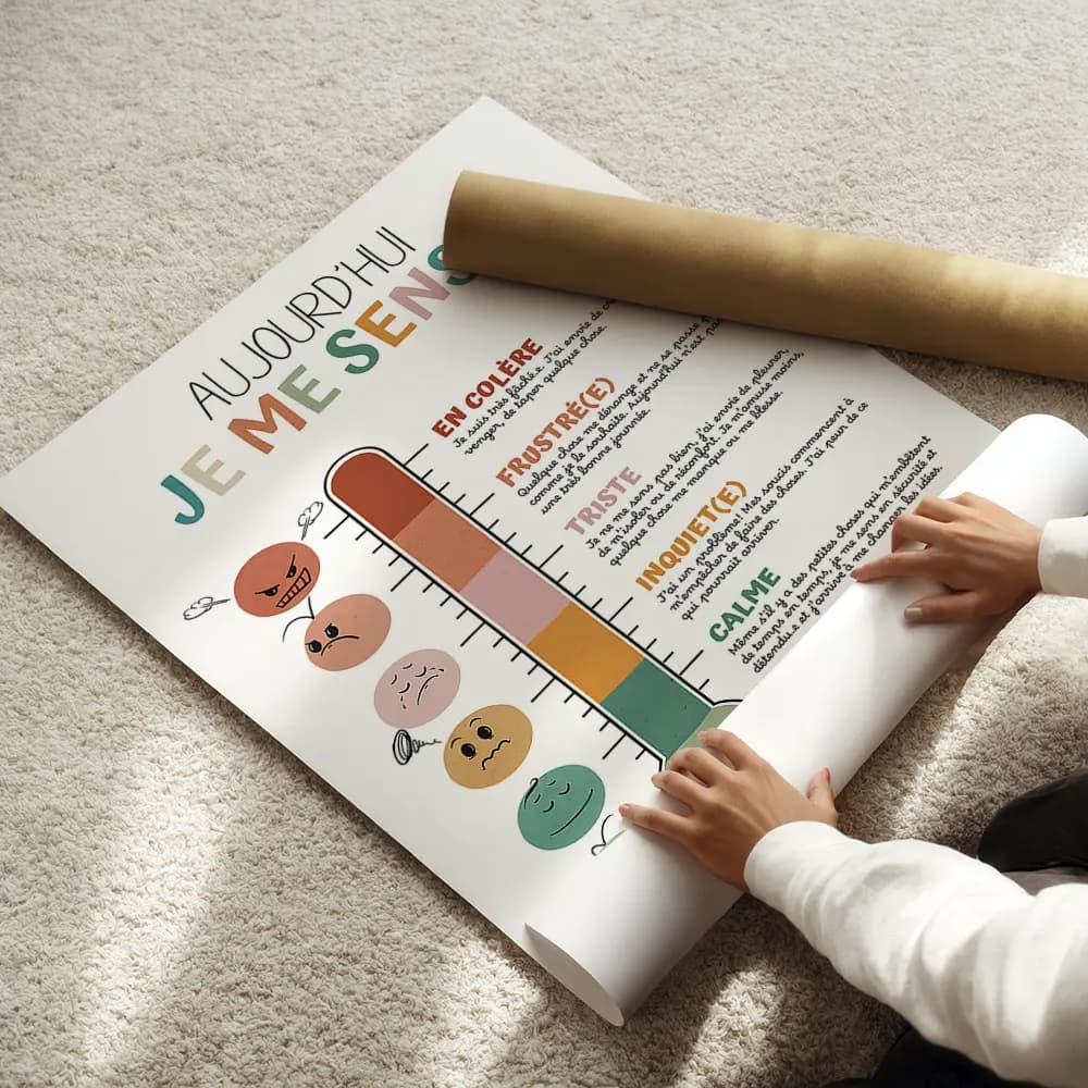 Dessin d'un thermomètre au couleurs boho dont chaque graduation, accompagné d'un smiley correspondant représente un degré d'émotion