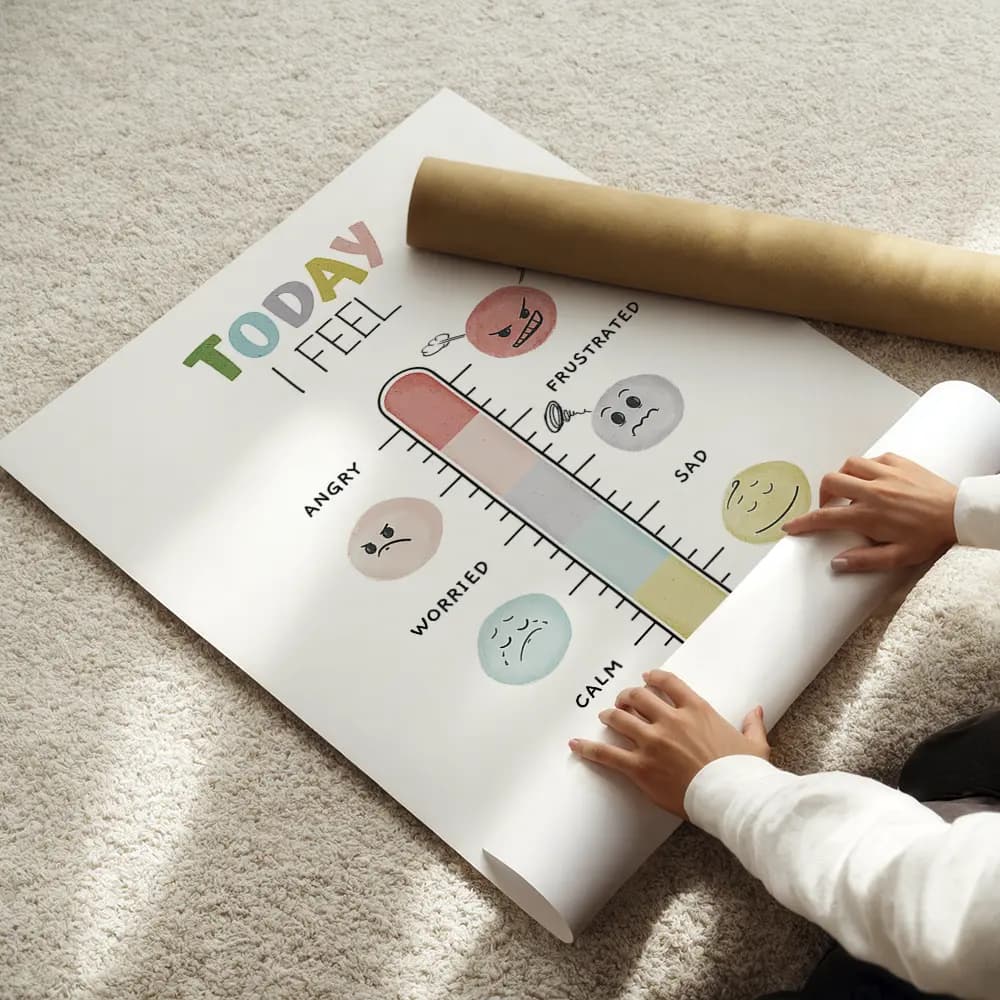 Dessin d'un thermomètre dont chaque graduation est accompagnée d'un smiley correspondant représente un degré d'émotion