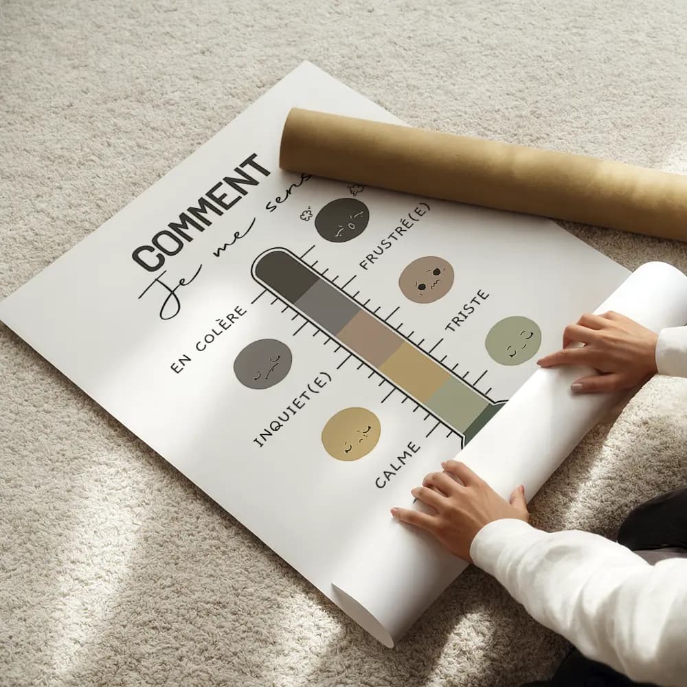 Dessin d'un thermomètre dont chaque graduation est accompagnée d'un smiley correspondant représente un degré d'émotion