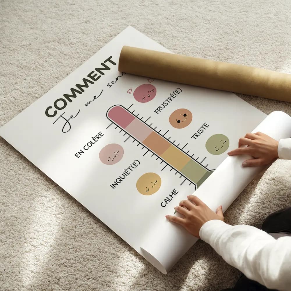 Dessin d'un thermomètre au couleurs sunshine dont chaque graduation, accompagné d'un smiley correspondant représente un degré d'émotion