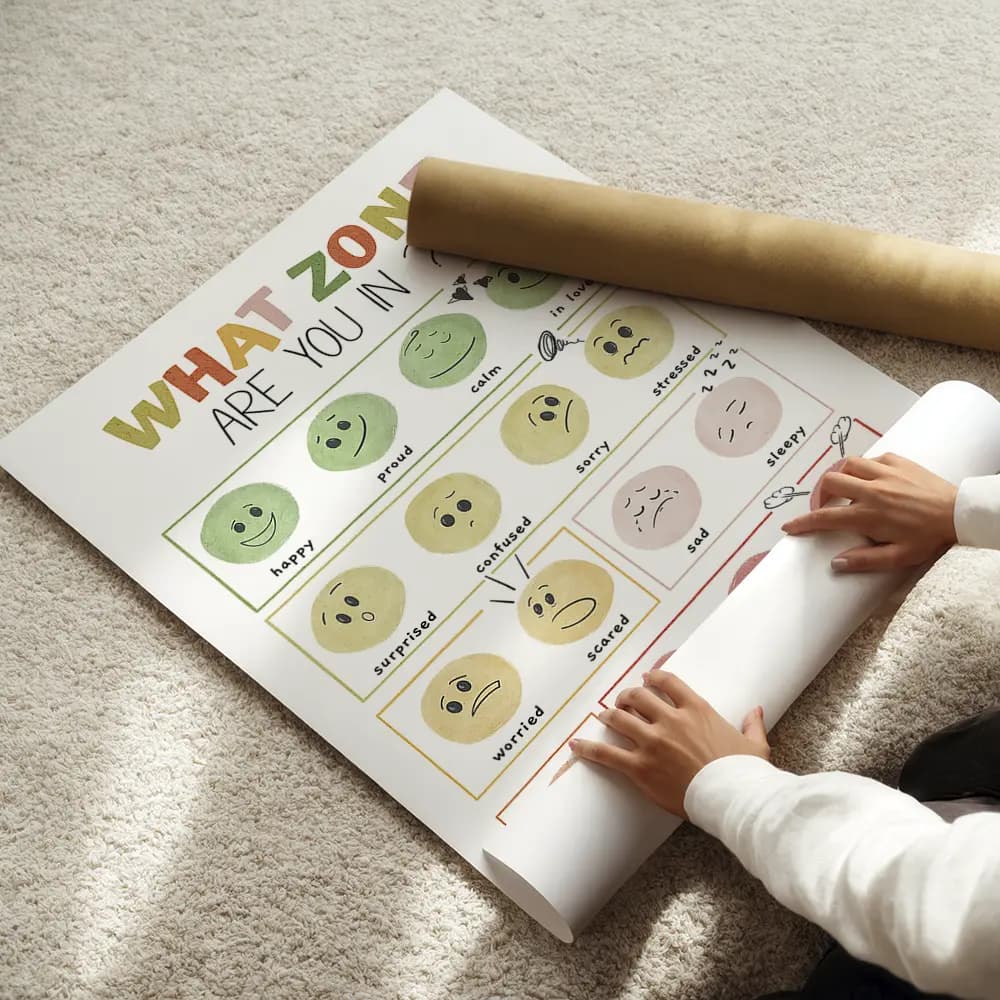 Dessin de 16 smileys colorés exprimant différentes émotions