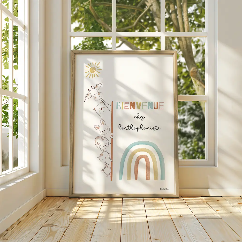 Dessin de six petits animaux regardant avec intérêt derrière la porte de l'orthophoniste