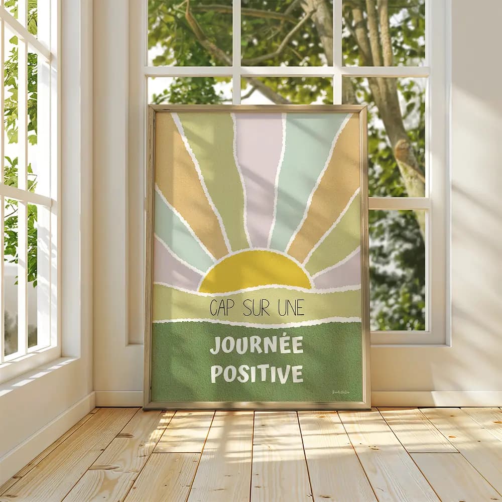 Dessin abstrait d'un couché de soleil dans les tons verts printemps contenant des citations positives