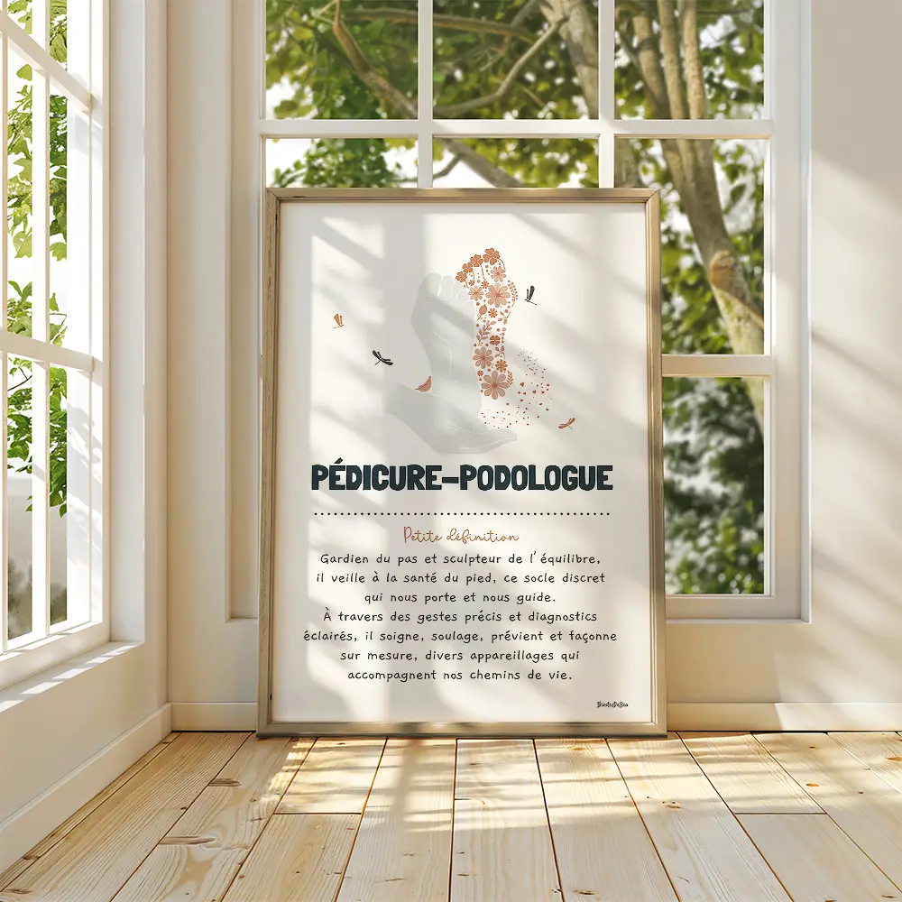 Dessin de pieds à moitié fleuri accompagné d’une définition poétique du métier pédicure podologue