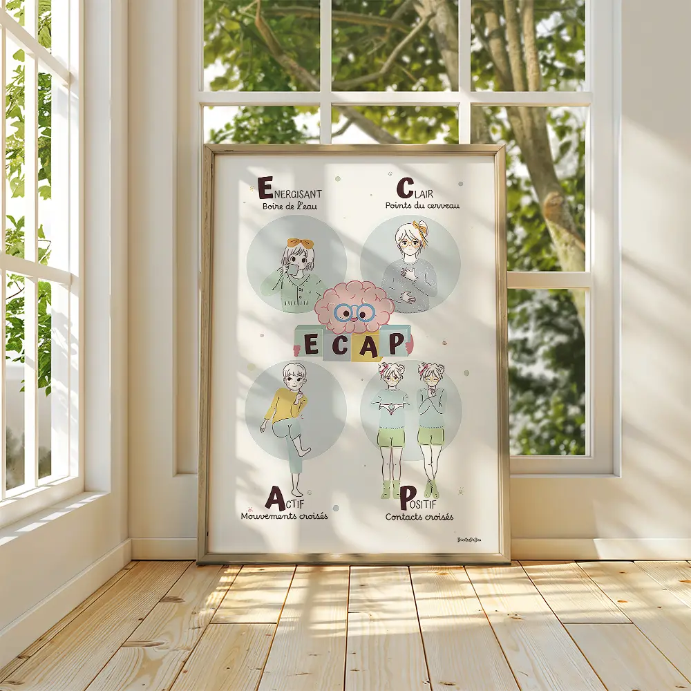 Dessin d'un cerveau rose à lunette au centre qui présente l'ECAP et dans les quatre coins un adolescent qui fait un exercice différent