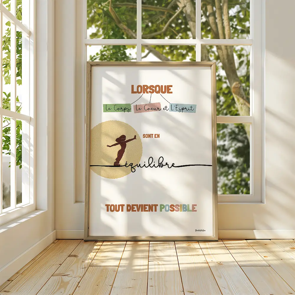Dessin d'une silhouette de femme marchant sur un fil qui écrit le mot équilibre