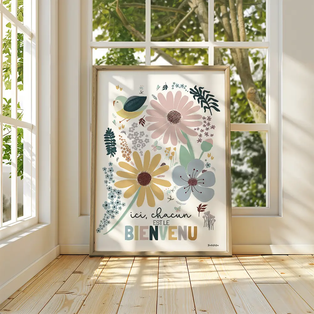 Dessin d'une composition florale autour du message « Ici, chacun est le bienvenu » 