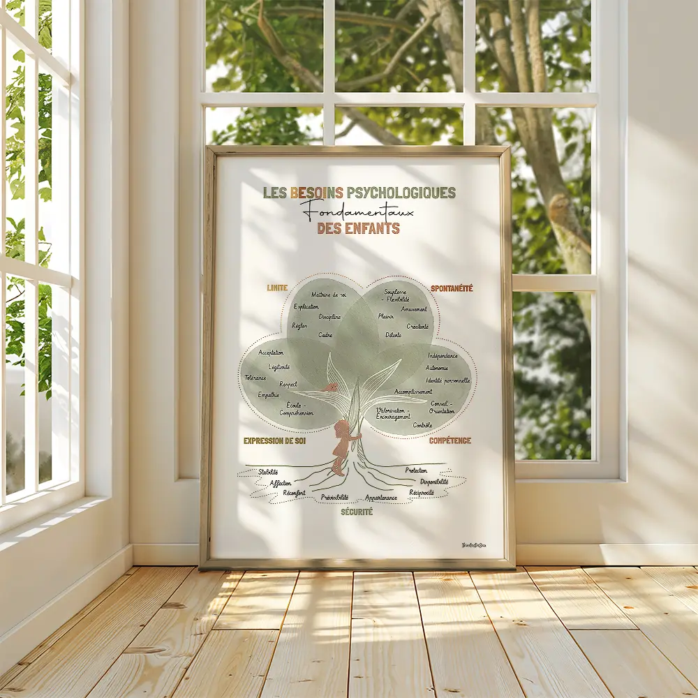 Dessin d'un arbre dont le tronc est entouré par une silhouette de fille l'arbre et remplis de textes de besoins d'enfants