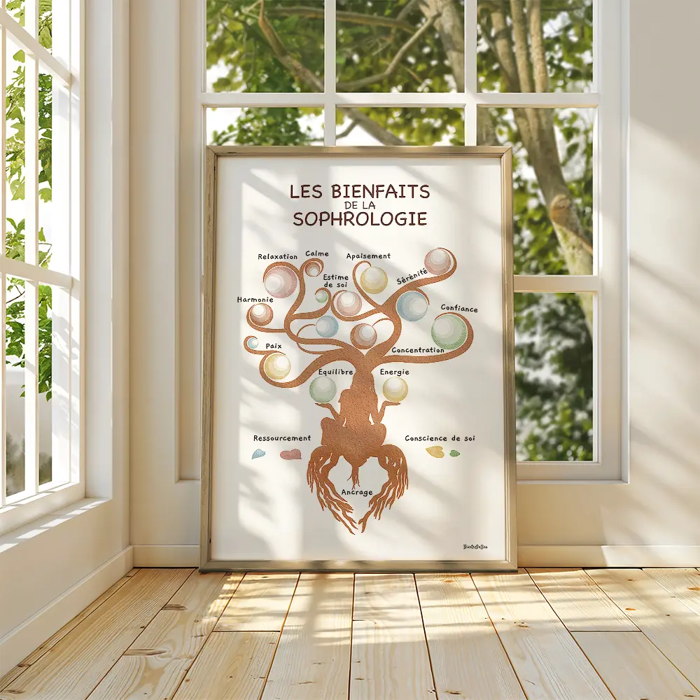Arbre de vie représenté par une silhouette de femme reliée à la terre par des racines et dont les feuilles sont des bulles colorées