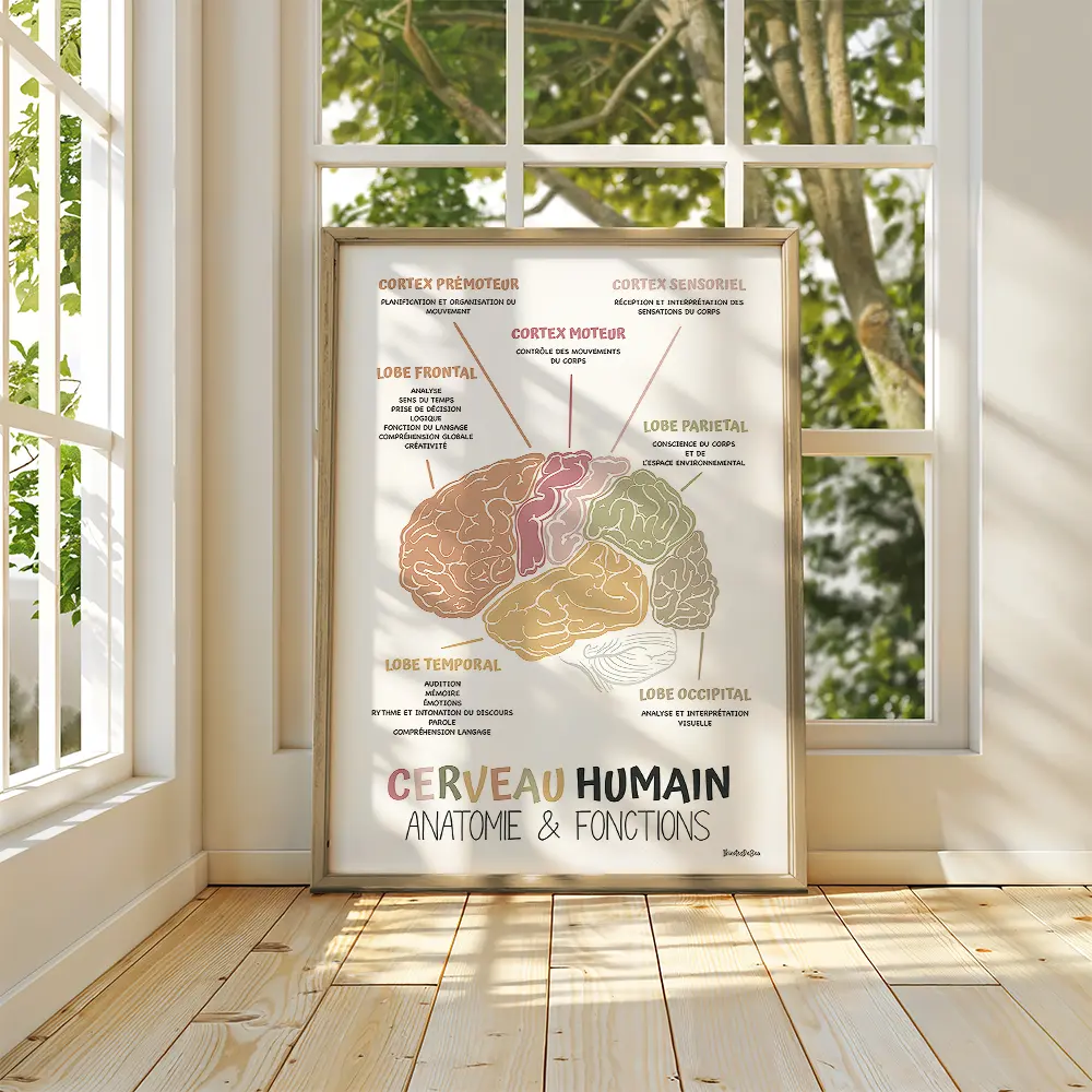 Affiche Anatomie cerveau en français, Décor bureau de thérapie, Art mural Cerveau humain Conseiller scolaire, Ergothérapie et Psychologie
