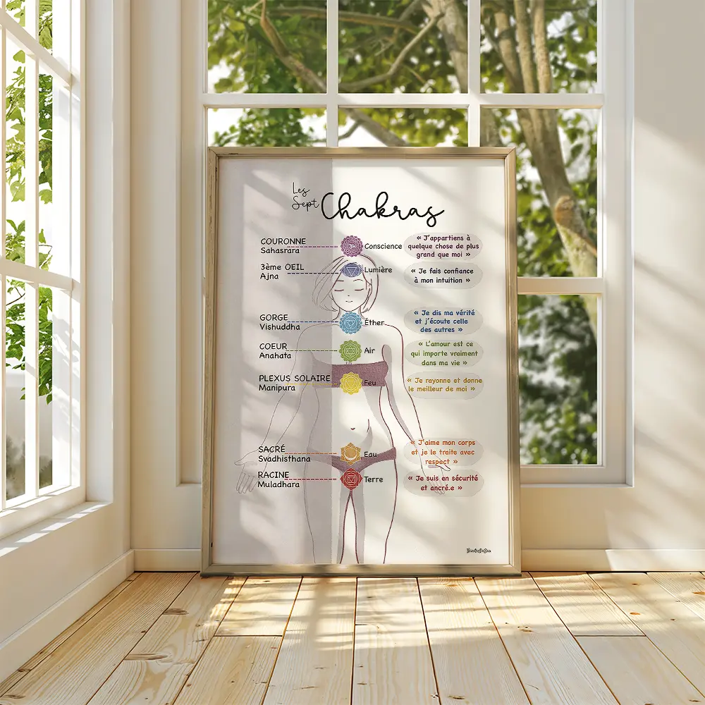 Dessin d'une femme avec l'emplacement des septs chakras