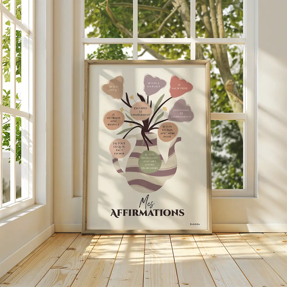 Dessin d'un vase en forme de cruche provençale contenant un bouquet de fleurs dont chaque fleurs est une bulle contenant une affirmation positive