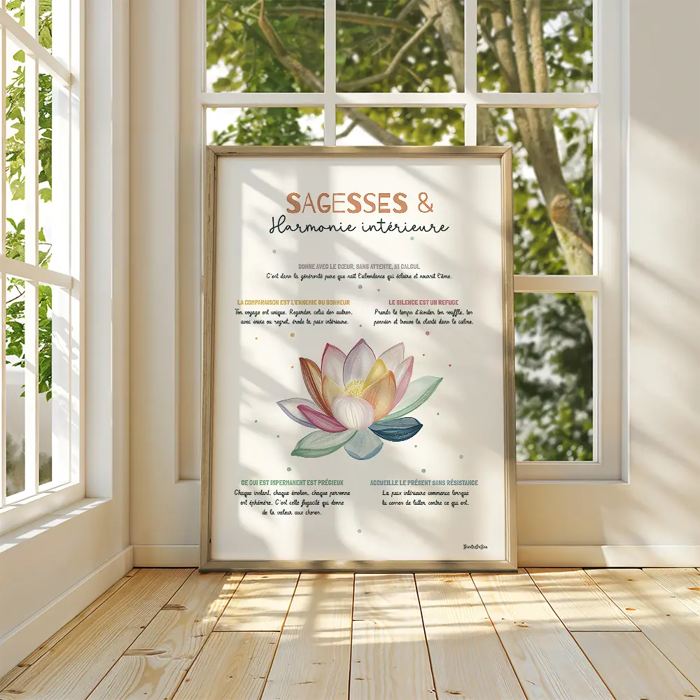 Dessin coloré d'un lotus au centre entouré de conseils de sagesse