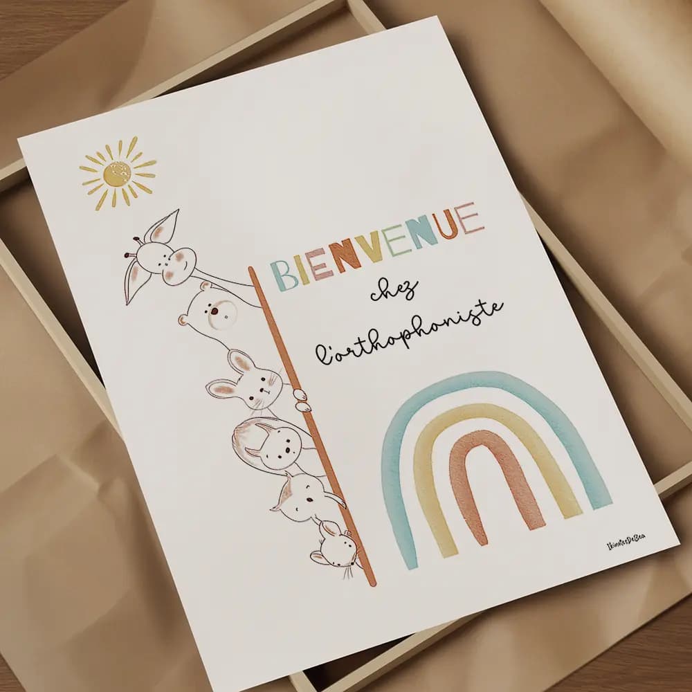 Dessin de six petits animaux regardant avec intérêt derrière la porte de l'orthophoniste