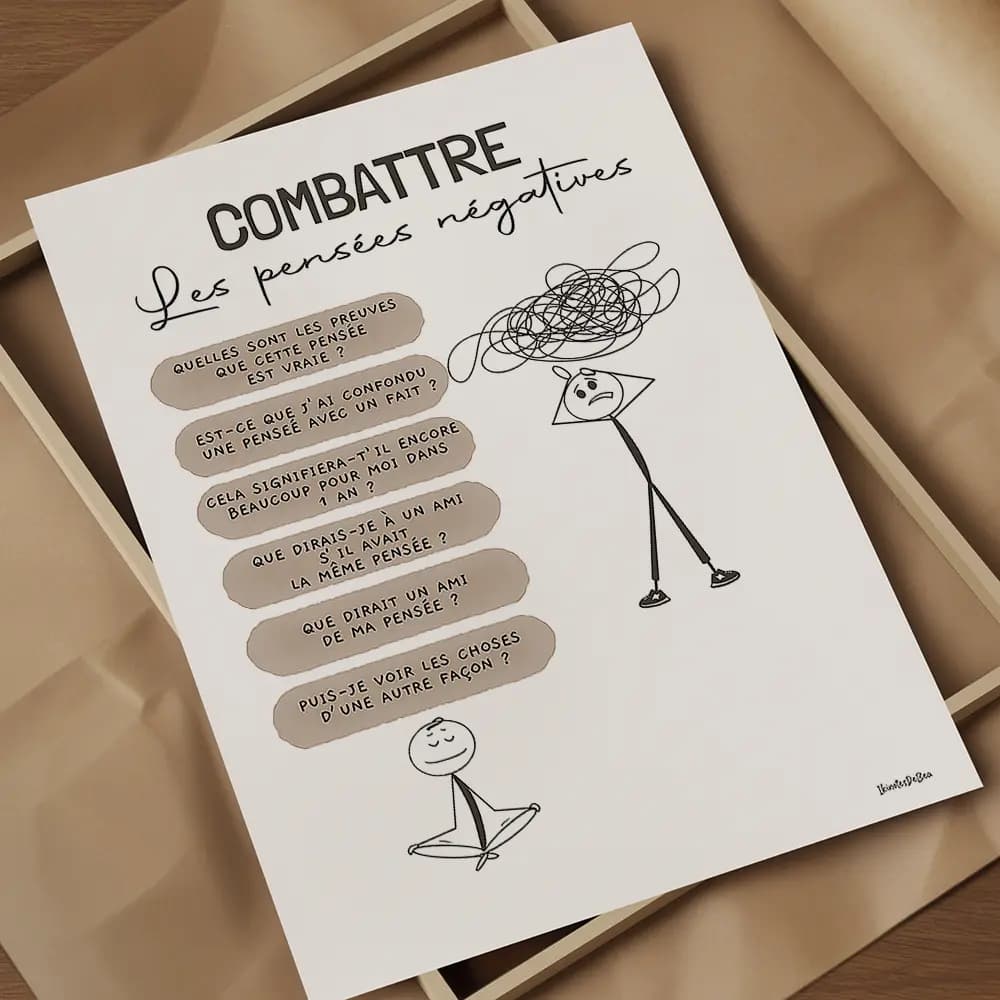 Dessins minimaliste de deux bonhommes bâtons l'un a des pensées négatives l'autre une liste de questions pour les combattre