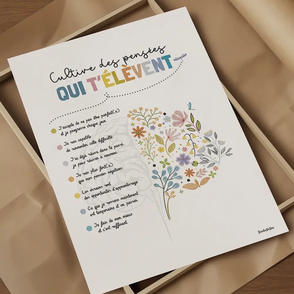 dessin d'un cerveau don t la partie droite est représenté par des fleurs accompagné de pensée positives