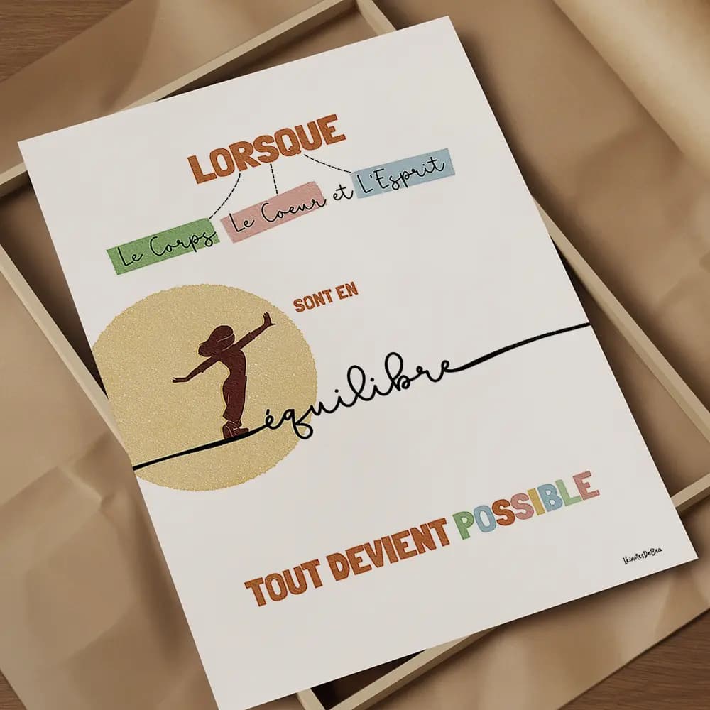 Dessin d'une silhouette de femme marchant sur un fil qui écrit le mot équilibre