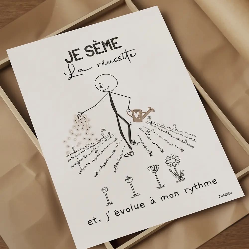 Dessin au trait d'un bonhomme bâton avec un arrosoir dans sa main gauche et qui sème des graines de fleurs dans un champs de l'autre main