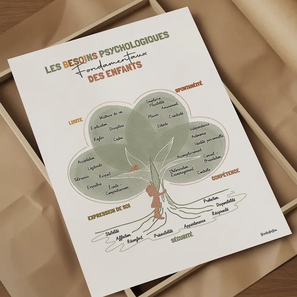 Dessin d'un arbre dont le tronc est entouré par une silhouette de fille l'arbre et remplis de textes de besoins d'enfants