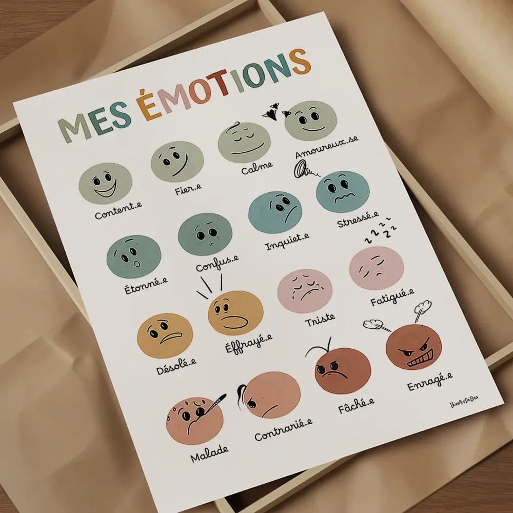 Dessin de 16 visages smileys représentant chacun une émotion différente les couleurs sont en dégradé partant du vert jusqu'au rouge
