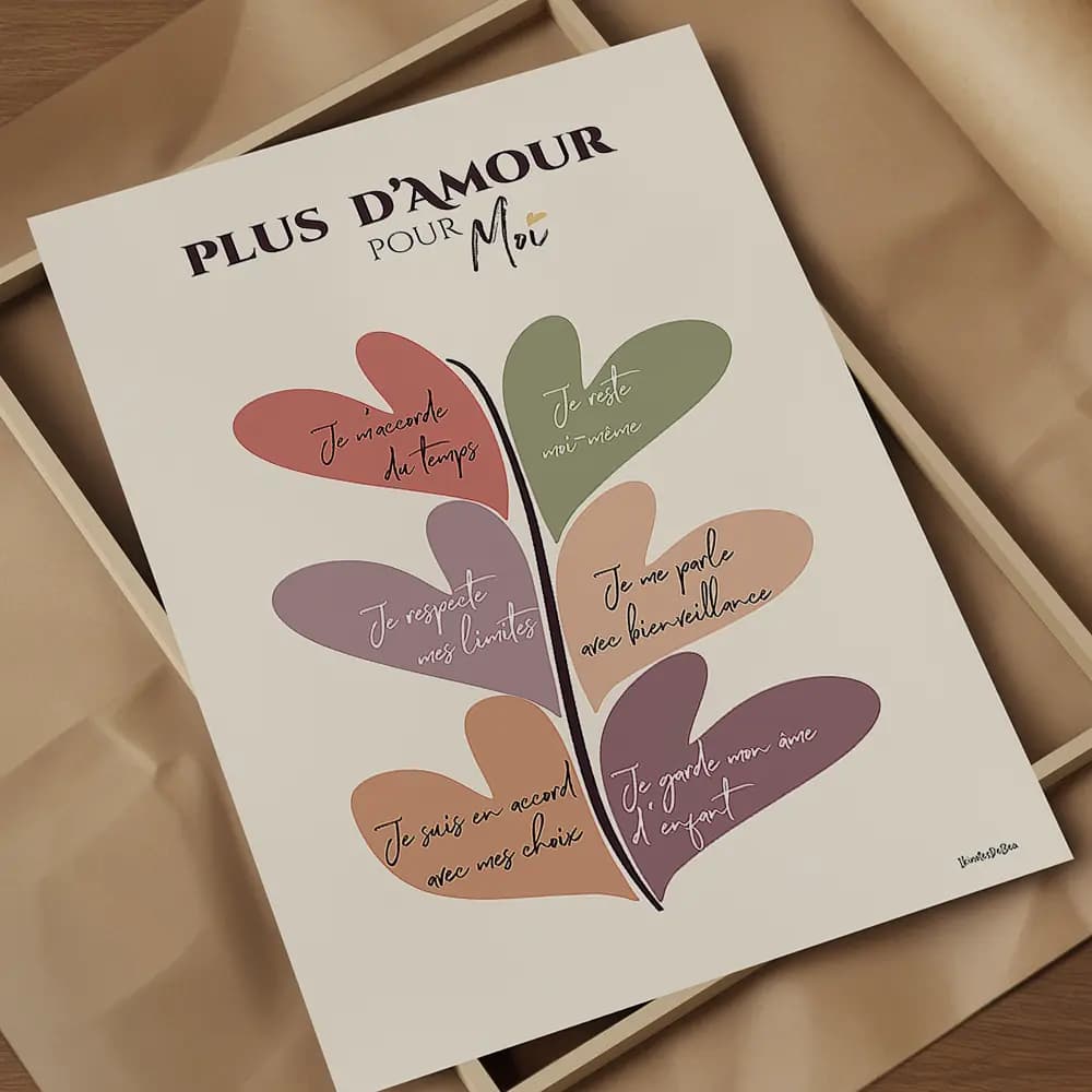 Dessin abstrait d'une plante dont les feuilles, en forme de coeurs colorées, sont des affirmations positives.