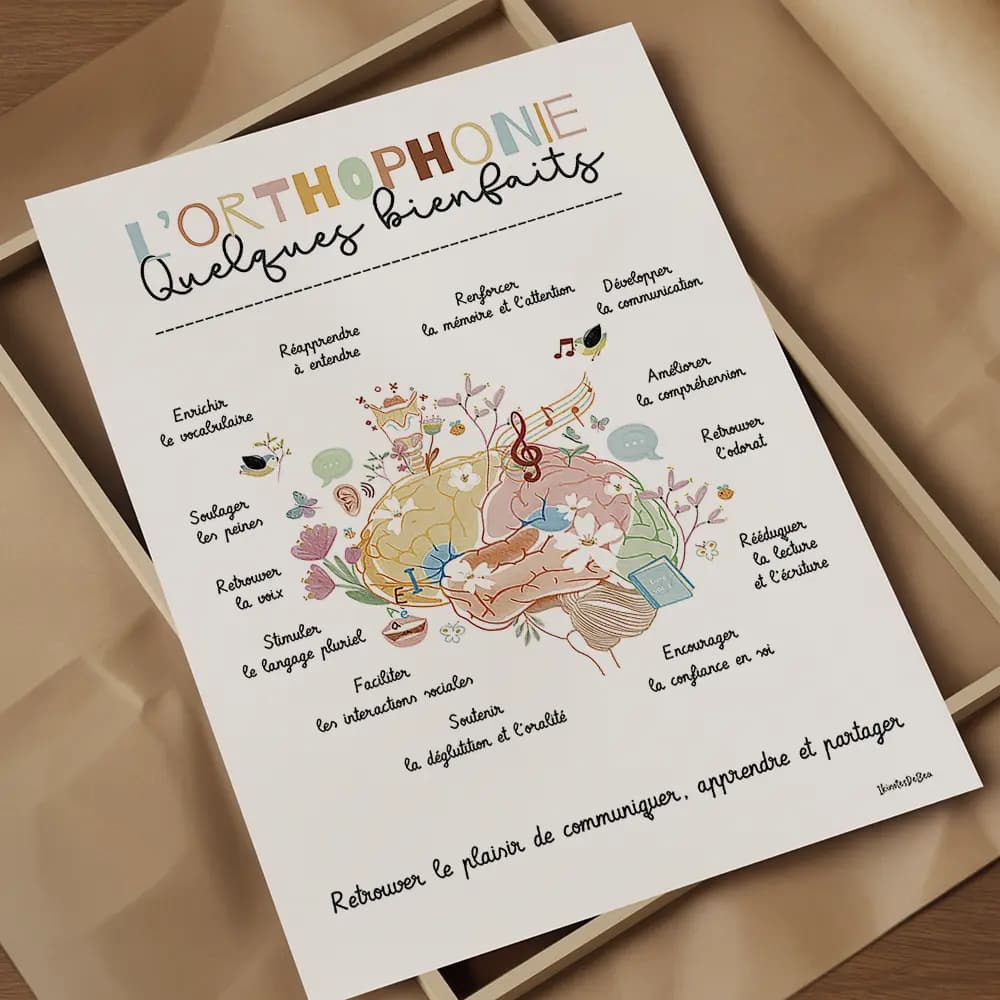 Dessin d'un cerveau de profil rempli de petits éléments en lien avec l'orthophonie