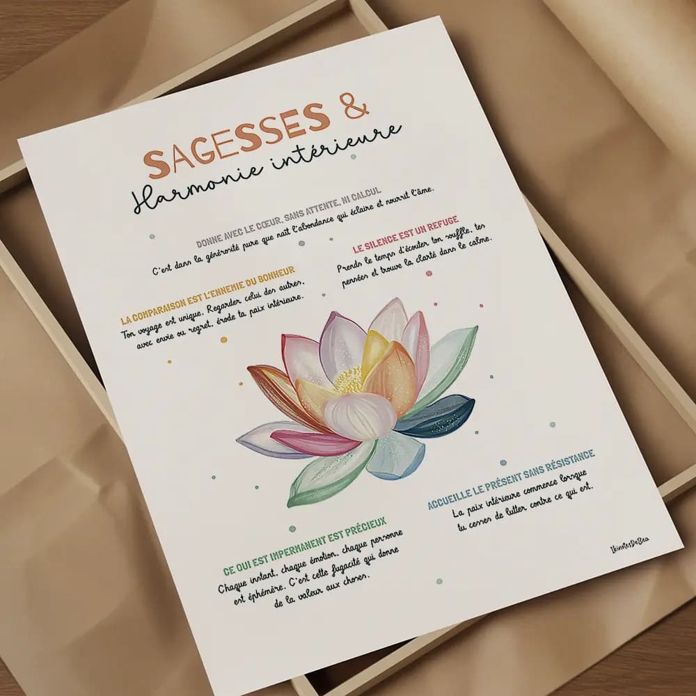 Dessin coloré d'un lotus au centre entouré de conseils de sagesse