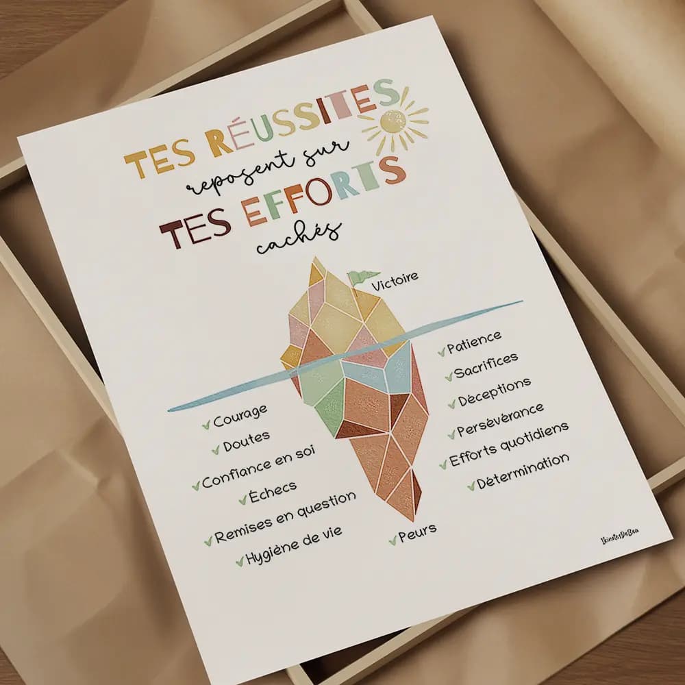 Dessin d'un iceberg rouge orangé montrant les efforts cachés derrière une réussite