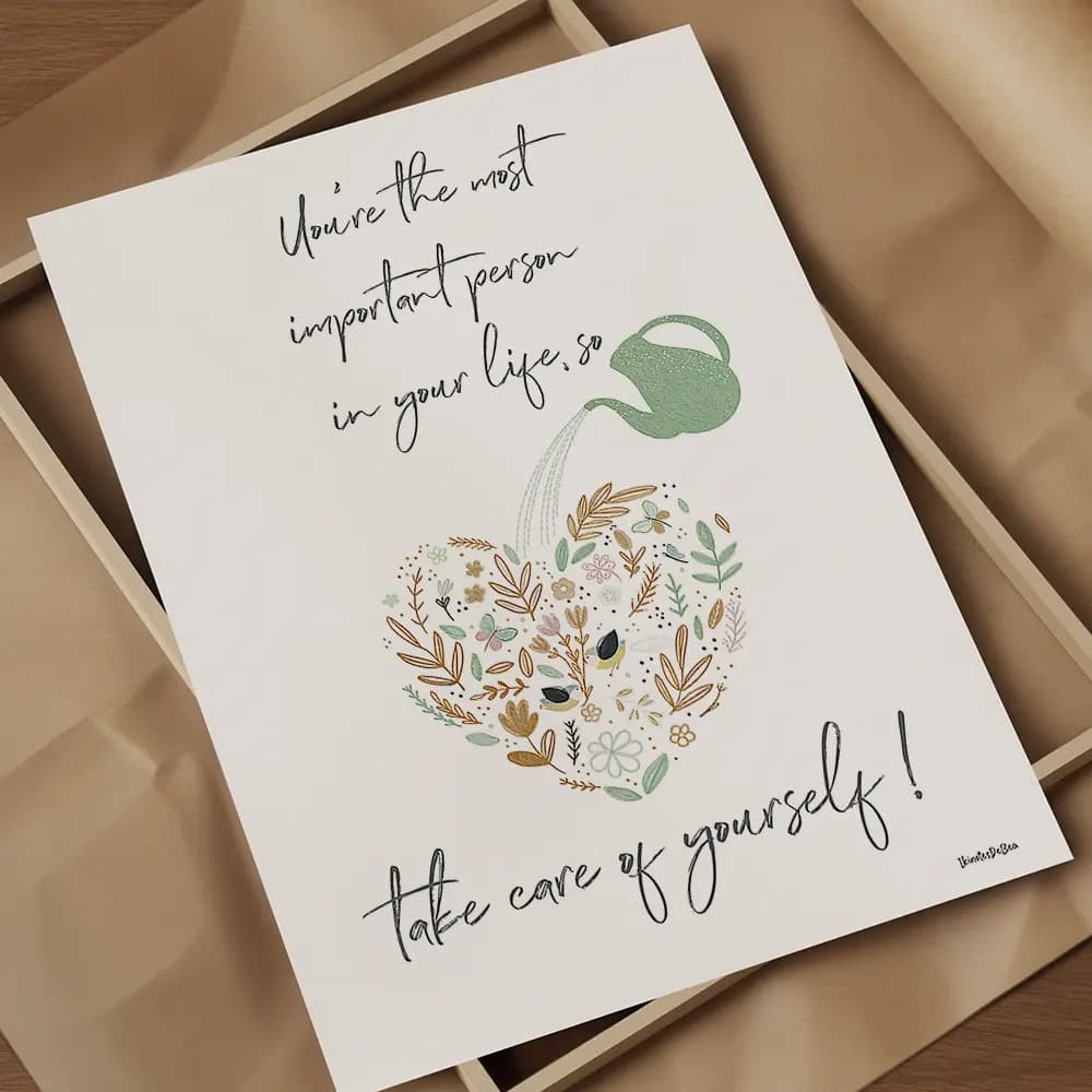 Dessin d'un arrosoir qui arrose un cœur composé de fleurs et plantes