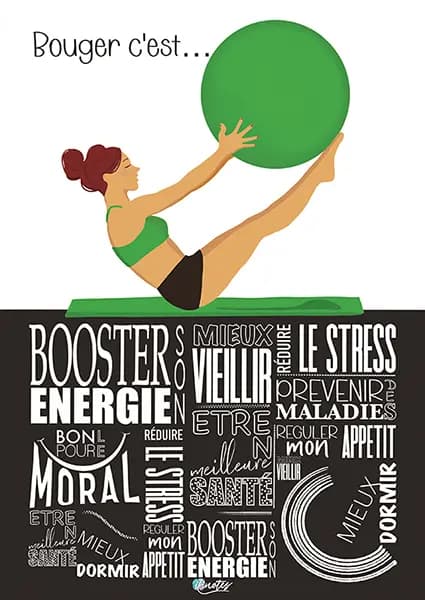 Illustration d'une femme sur un tapi de yoga et faisant des exercices avec un ballon au dessus d'un nuage de mots vantant les bienfaits de bouger