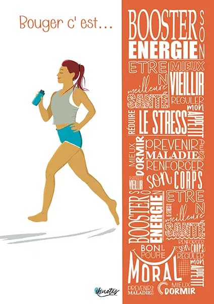 Infographie montrant une femme en train de courir avec une gourde d'eau à la main à coté d'un nuage de texte en blanc sur fond rouge sur les bienfaits de bouger