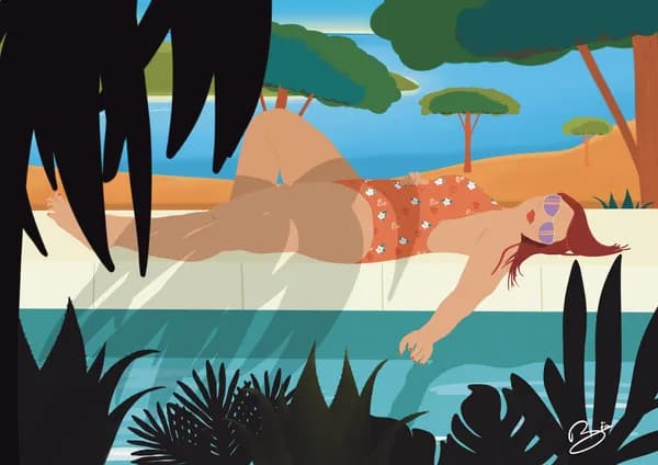 Illustration d'une femme en maillot de bain rouge allongée au bord de l'eau en haut d'une falaise entourée d'arbres