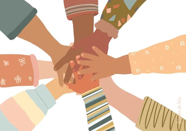 Illustration de 8 enfants, de différentes nationalités, joignant leur mains l'une au dessus de l'autre au centre de l'illustration pour montrer leur unité