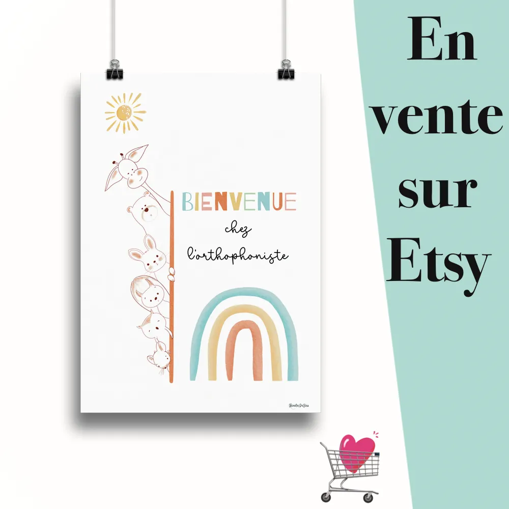 Affiche "Bienvenue chez l'orthophoniste" suspendu par des pinces avec le message en vente sur Etsy