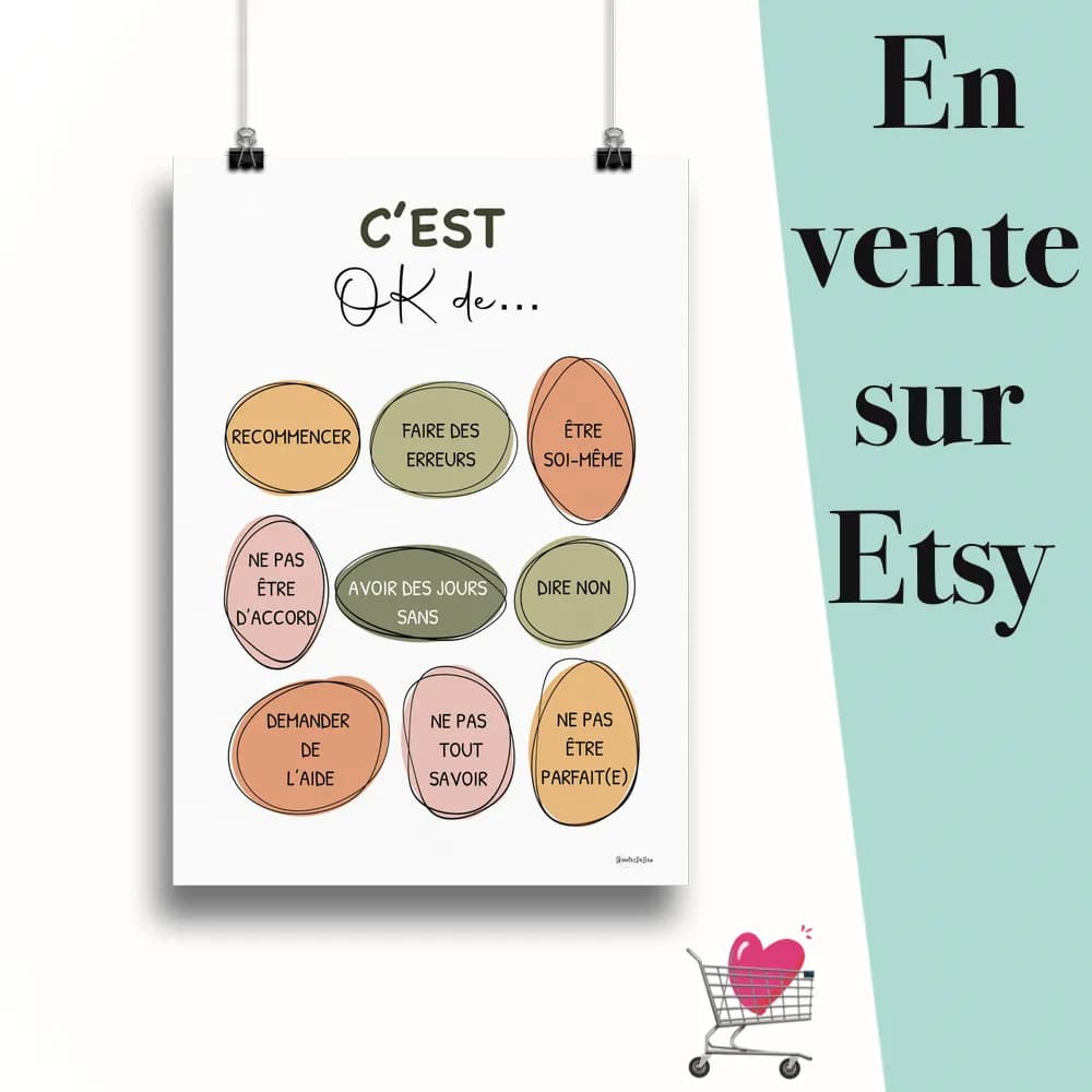Affiche "C'est OK de... 2 sunshine" suspendu par des pinces avec le message en vente sur Etsy
