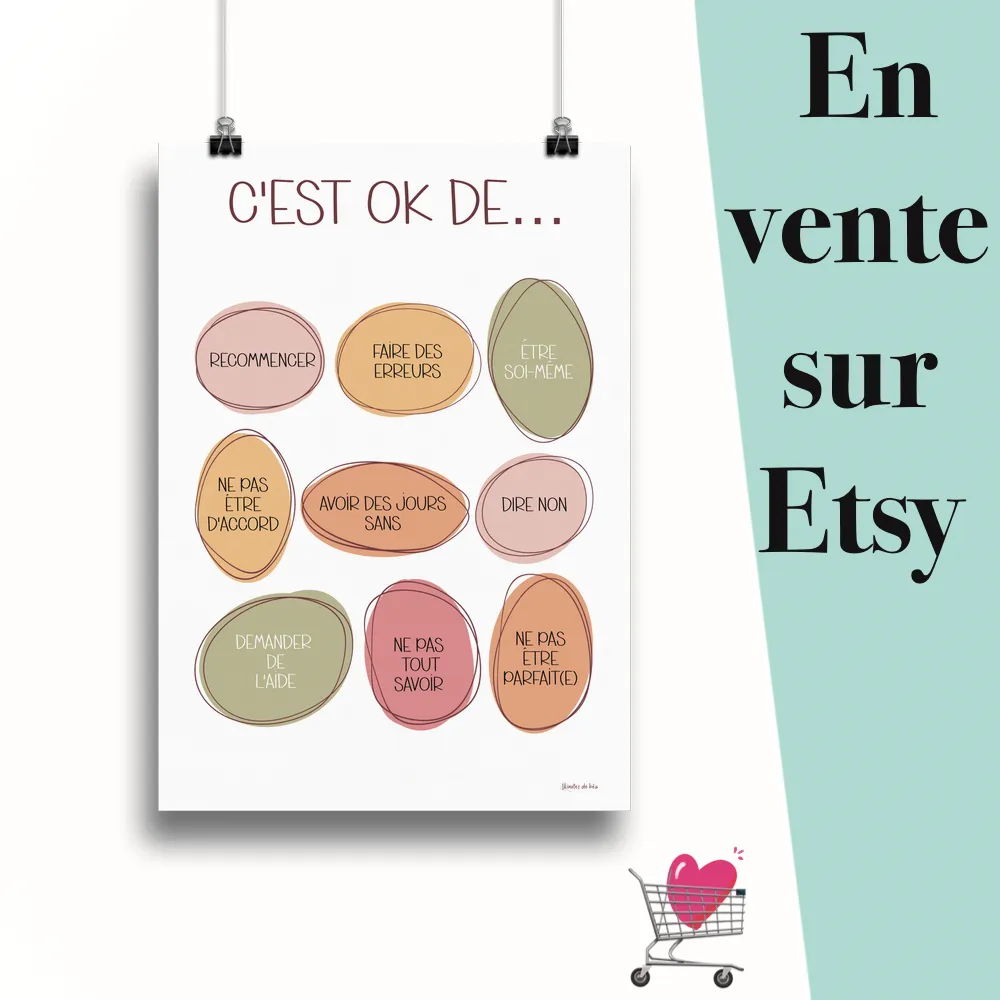 Affiche "C'est OK de... sunshine" suspendu par des pinces avec le message en vente sur Etsy