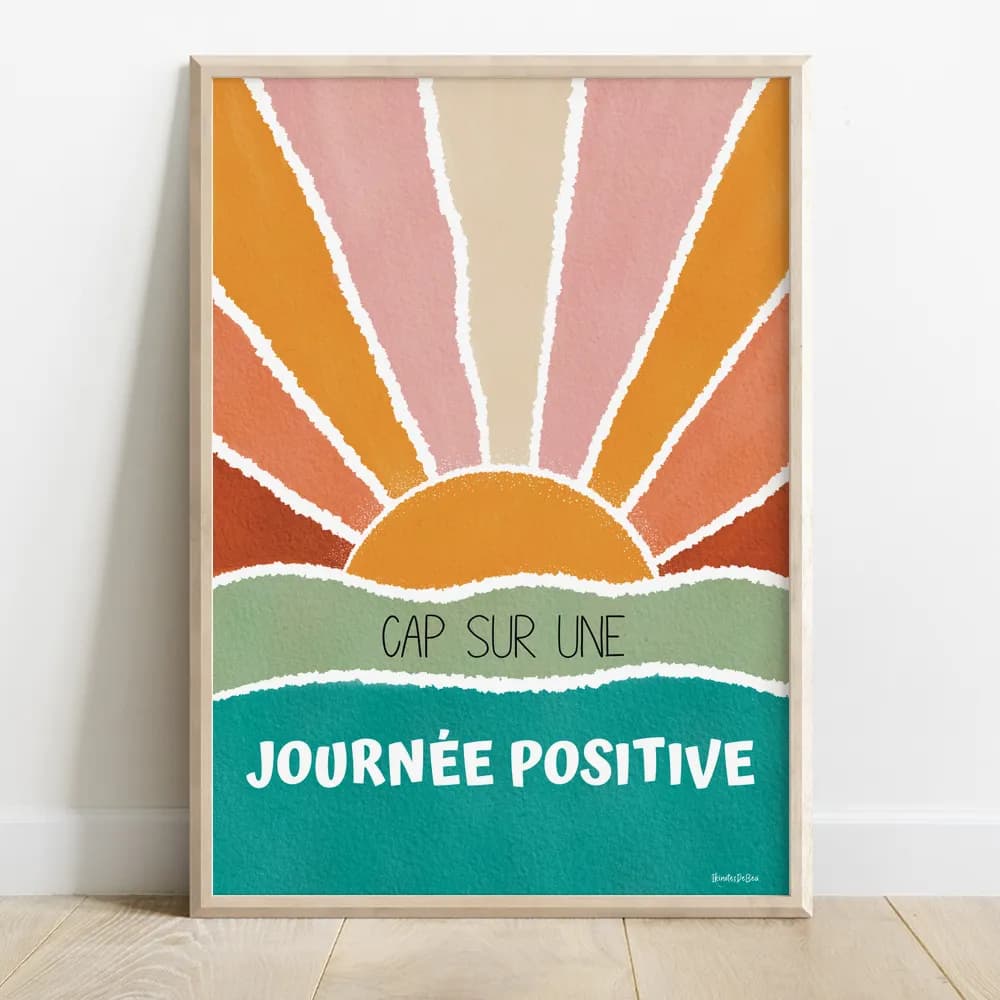 Dessin abstrait d'un couché de soleil dans les tons verts d'eau contenant des citations positives