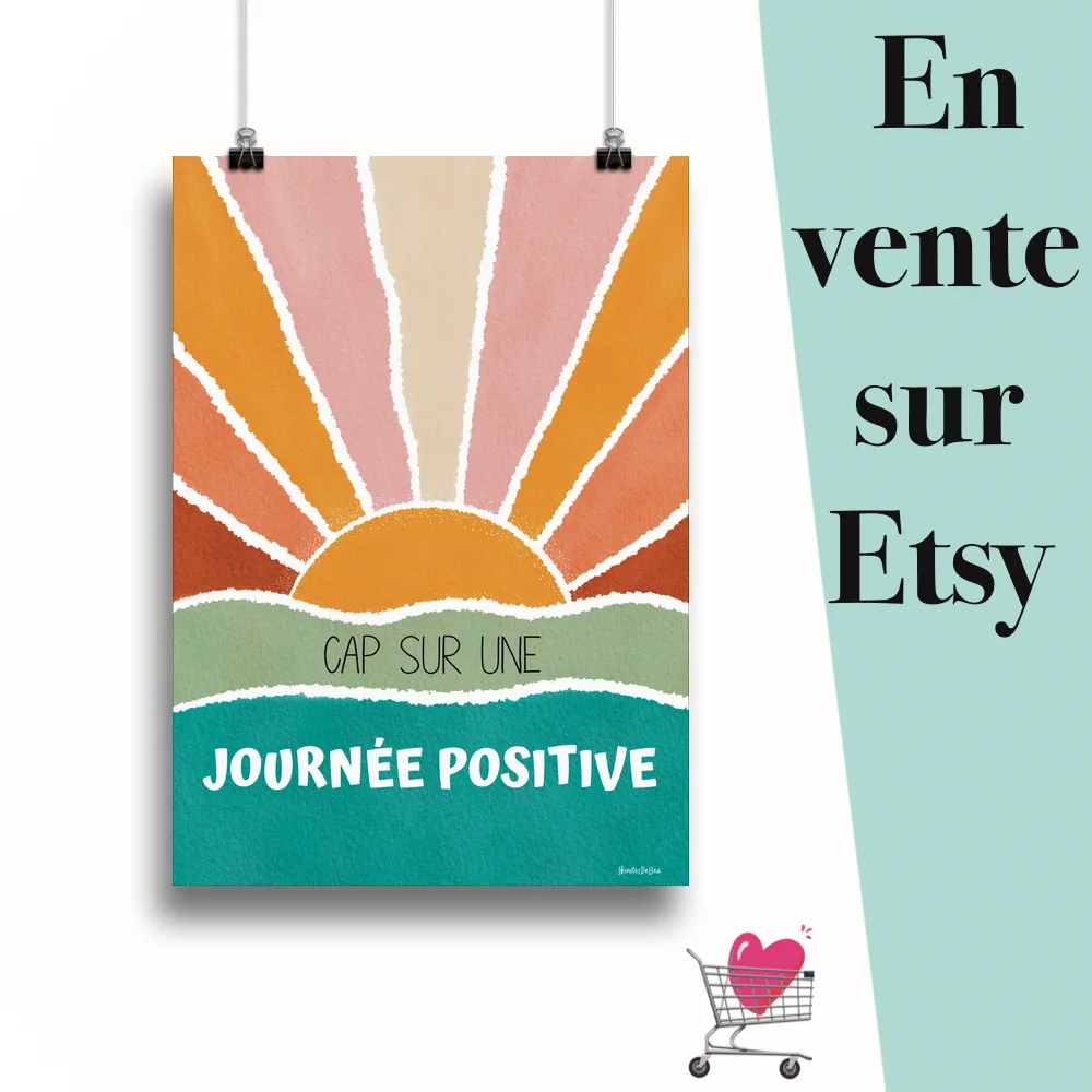 Affiche "Cap sur une journée positive aqua boho" suspendu par des pinces avec le message en vente sur Etsy