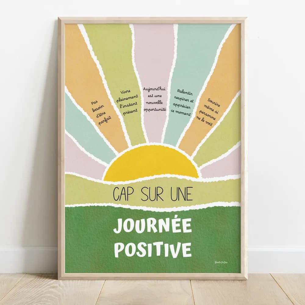 Dessin abstrait d'un couché de soleil dans les tons verts printemps contenant des citations positives