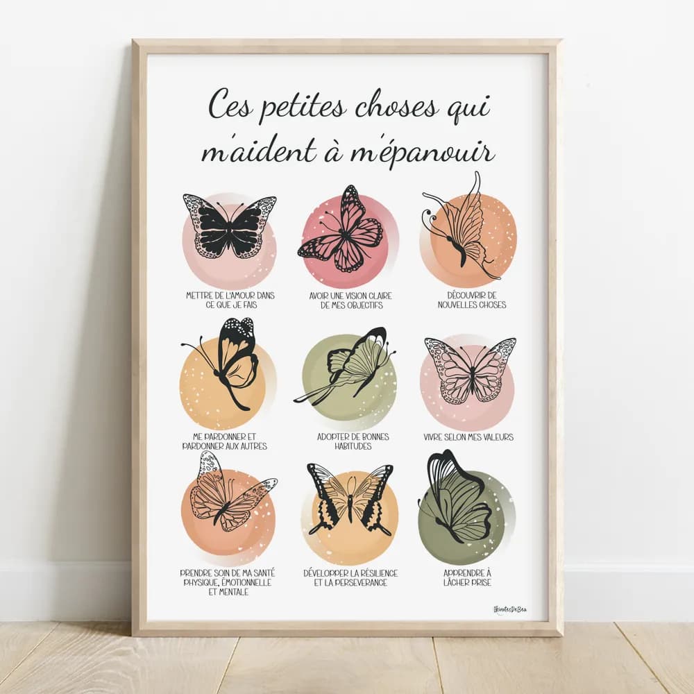 Illustration de 9 papillons différents au trait noir chacun sur un cercle de couleur illustrant un texte de conseil