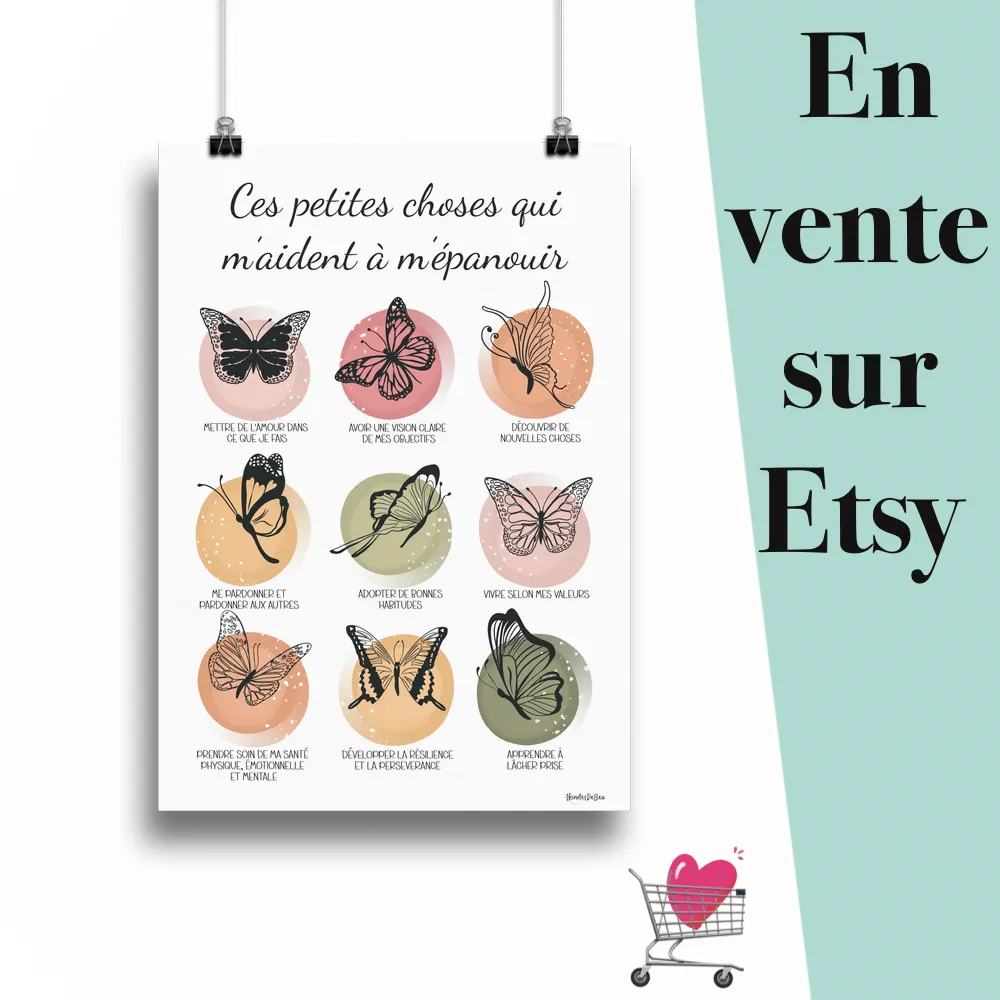 Affiche "Ces choses qui m'aident à m'épanouir" suspendu par des pinces avec le message en vente sur Etsy