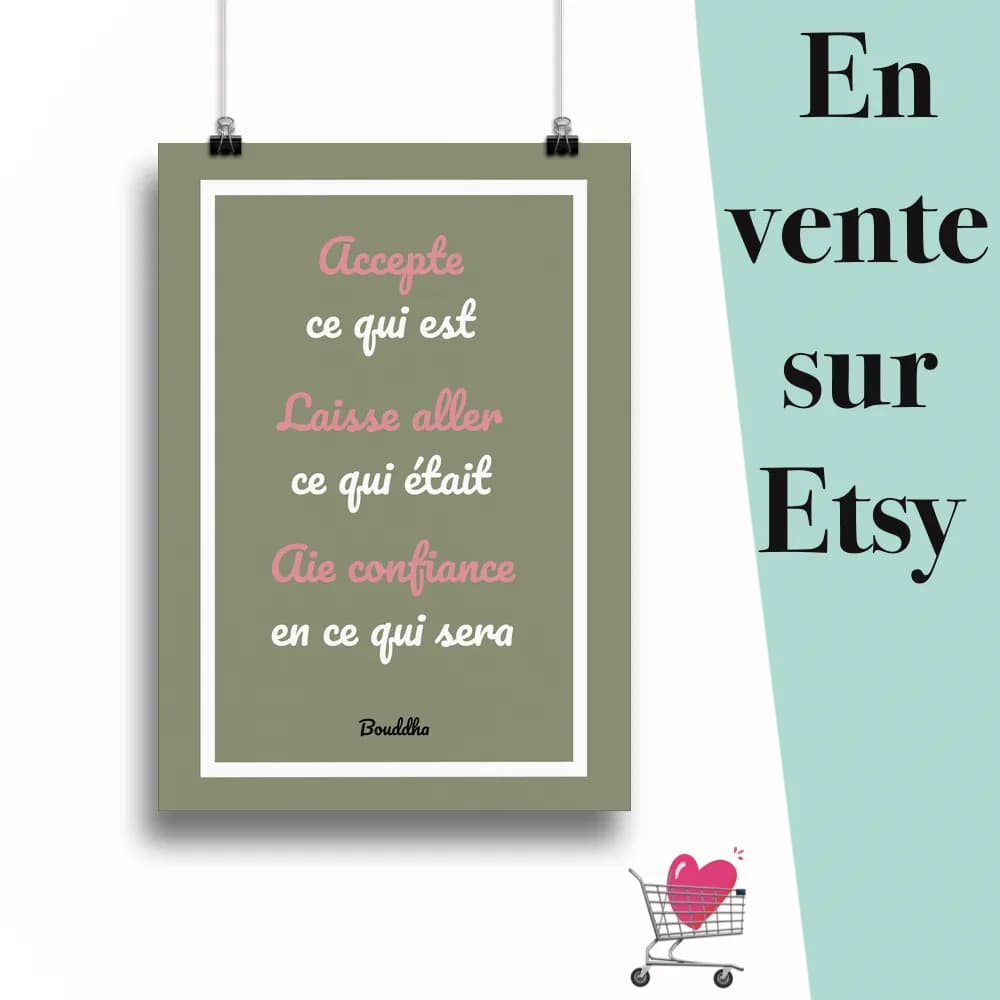 Affiche "Citation Bouddha" suspendu par des pinces avec le message en vente sur Etsy