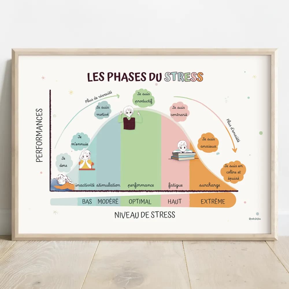 Infographie de la courbe des différentes phases du stress et son impact sur la performance jusqu'au burn out illustrée avec un jeune garçon