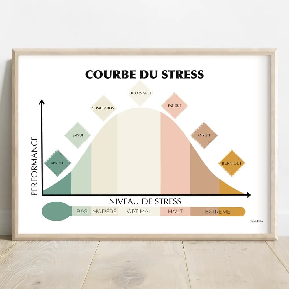 Infographie de la courbe des différentes phases du stress et son impact sur la performance jusqu'au burn out, illustrée de façon minimaliste