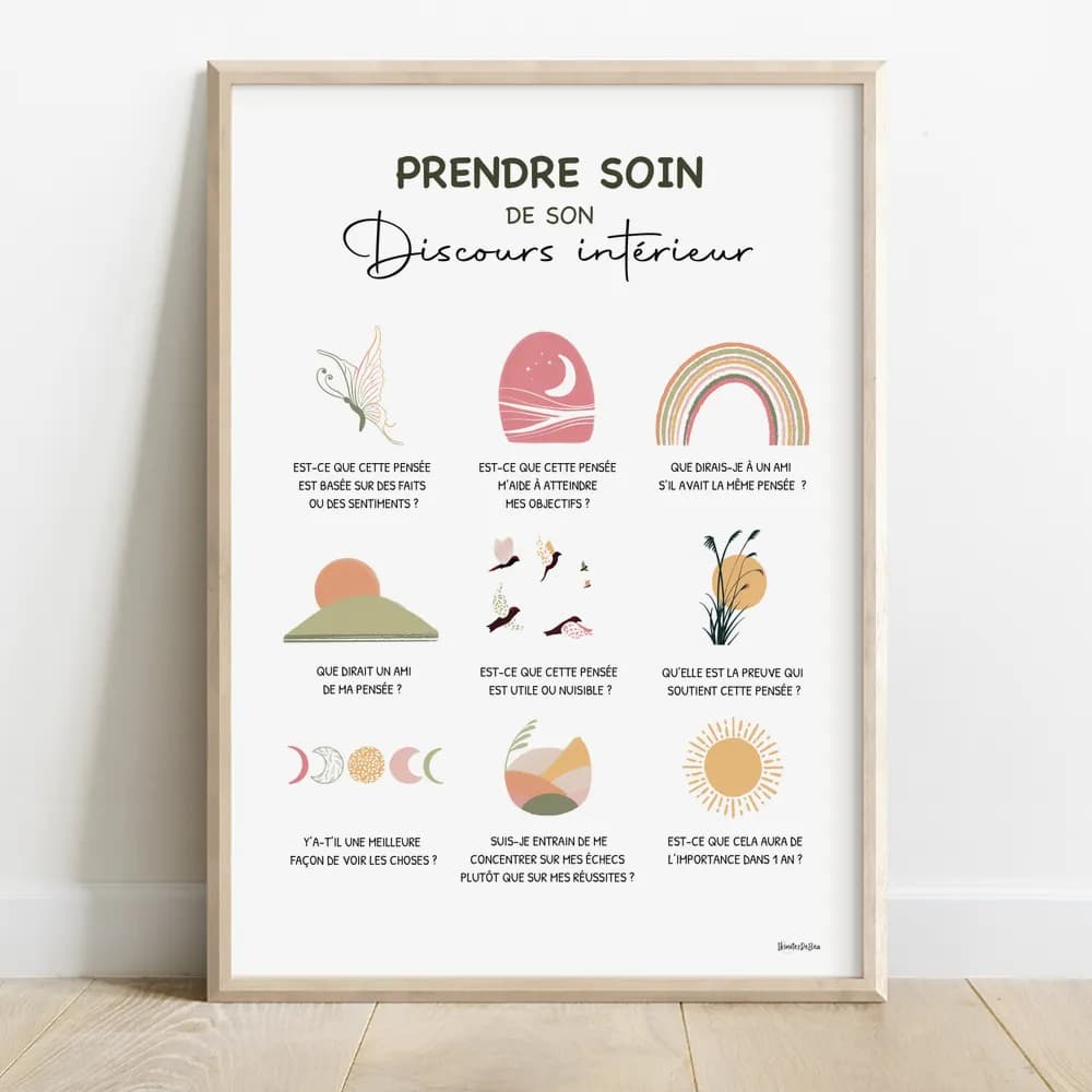 Affiche composée de neuf dessins abstraits aux couleurs sunshine chacun est accompagnée d'un message pour prendre soin de son discours intérieur