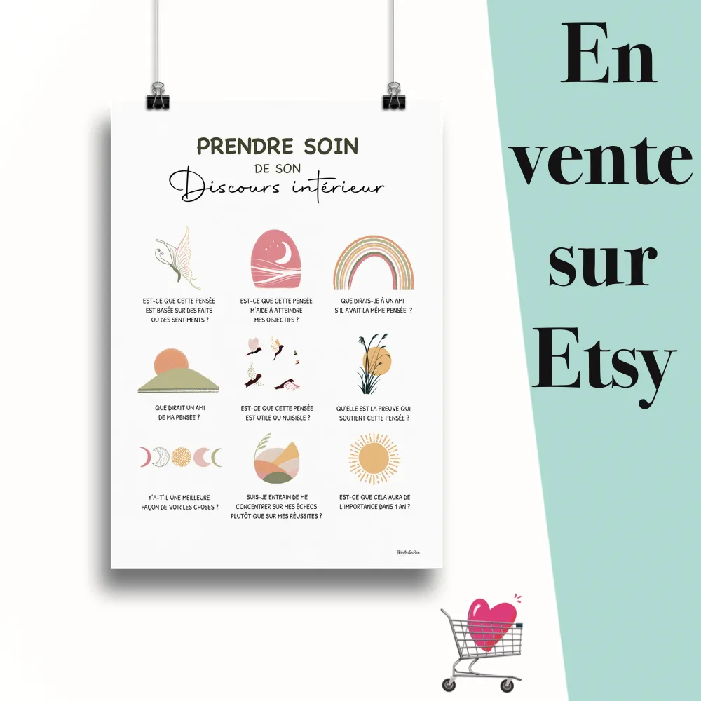Affiche "Discours interieur abstrait sunshine" suspendu par des pinces avec le message en vente sur Etsy
